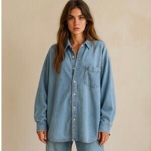 Vintage Oversized Button Down Light Washed Boyfriend Denim Shirt Effortless Chic